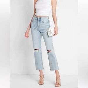 High Waisted Light Wash Ripped Straight Ankle Jeans Express